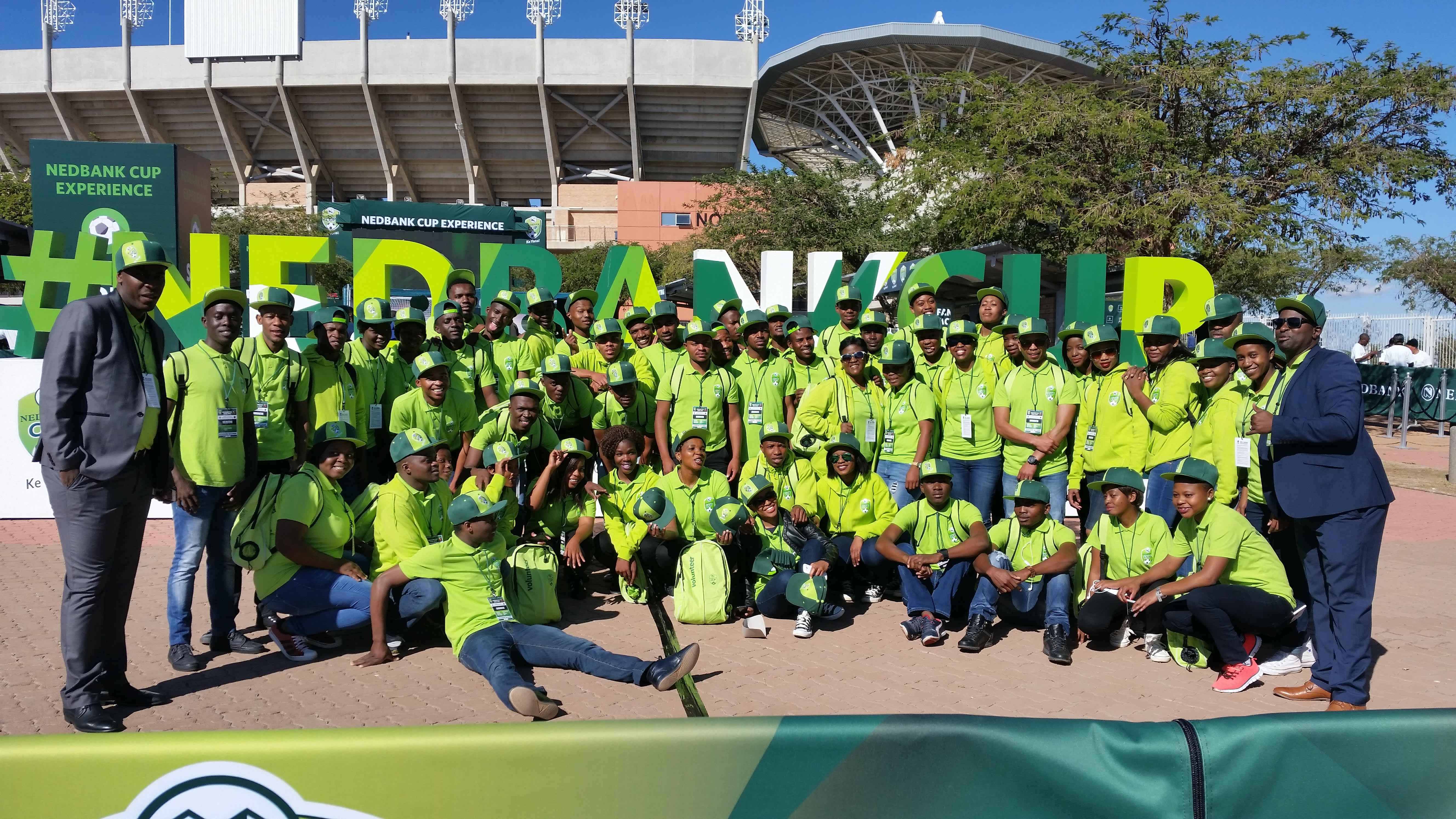 Nedbank Cup Final 2016 Volunteers (TUT PLK Sports Students with COO Thabang Ramaboya (L) and Director Nelson Belebesi (R) Nedbank Cup Final 2016 Volunteers (TUT PLK Sports Students with COO Thabang Ramaboya (L) and Director Nelson Belebesi (R)